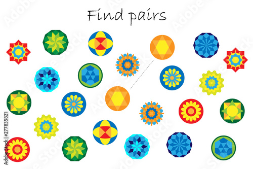 Find pairs of identical pictures, fun education game with mandalas for children, preschool worksheet activity for kids, task for the development of logical thinking, vector illustration