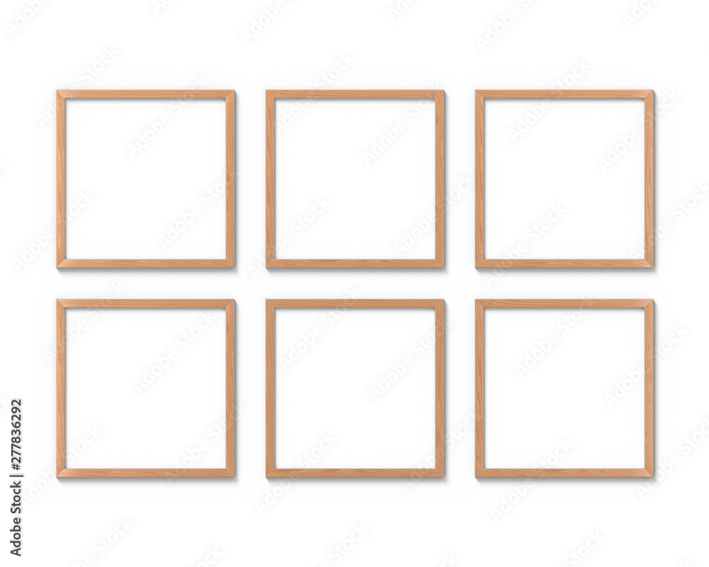 Set of 6 square wooden frames mockup hanging on the wall. Empty base for picture or text. 3D rendering. Set of 6 square wooden frames mockup hanging on the wall. Empty base for picture or text. 3D rendering.