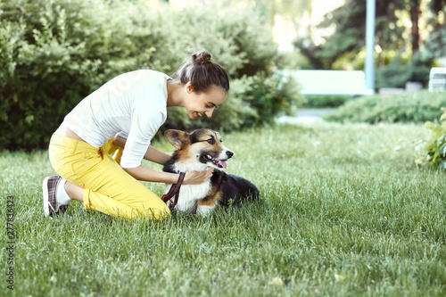 Welsh Corgi Pembroke dog and smiling happy woman together in a park outdoors. Young female owner sitting on the grass and petting the dog. Focus on the Corgi dog. Concept friendship with dog and human