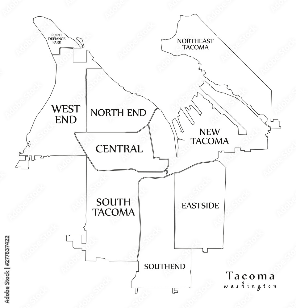Modern City Map - Tacoma Washington city of the USA with neighborhoods and titles outline map