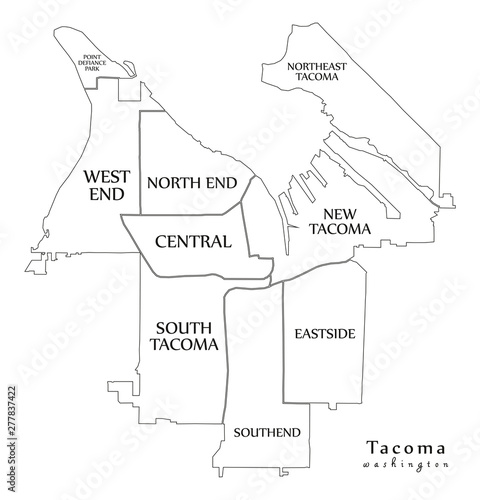 Modern City Map - Tacoma Washington city of the USA with neighborhoods and titles outline map