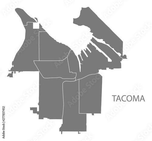 Tacoma Washington city map with neighborhoods grey illustration silhouette shape
