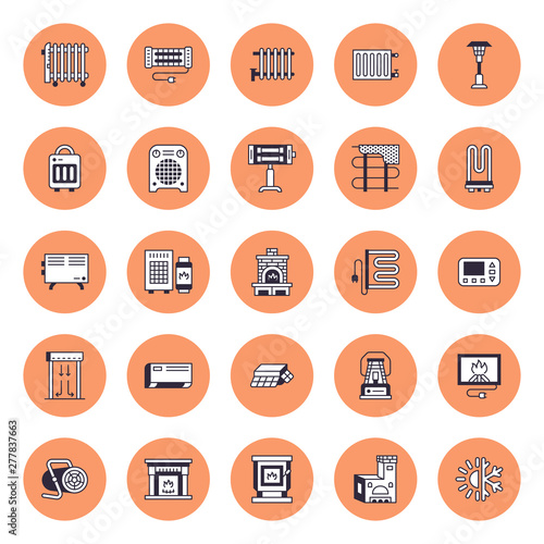 Water boiler, thermostat, electric gas solar heaters and other house heating appliances line icons. Thin linear pictogram. Equipment store signs