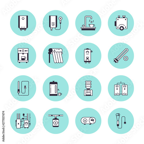 Water heater, boiler, thermostat, electric, gas, solar heaters and other house heating equipment line icons. Thin linear pictogram for hardware store. Household appliances signs