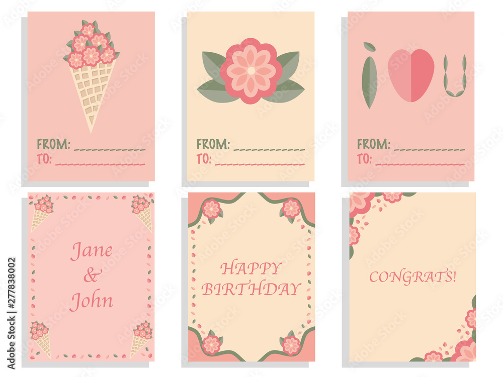 Set of greeting and postal card templates in floral design. Set of greeting and postal card templates in floral design.