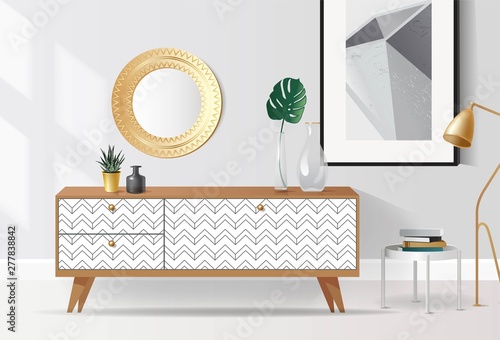 Wooden sideboard with plants and glass vase on it against white wall. Modern interior with tropical elements. Vector illustration