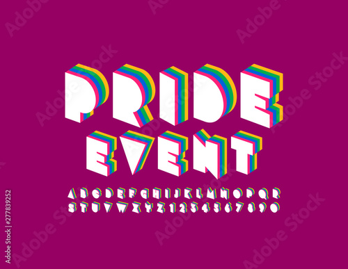 Vector modern poster Pride Event. Colorful Uppercase Font. Bright rainbow and white Alphabet Letters and Numbers