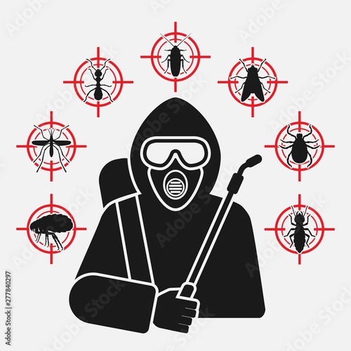 Exterminator with sprayer silhouette surrounded by insect pest icons