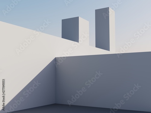 Architectural construction against the blue sky. 3d render illustration with copy space. Simple, stylish, popular architectural illustration for advertising, business, presentations, wallpapers.