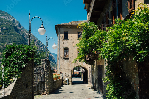 Small street in Bard, Italy. Medieval stone town in the Aosta Valley mountainous region in northern Italy.