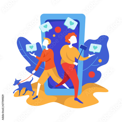 Concept of Social media marketing. Promotion method. Happy woman with selfie stick and man with dog give like comment and walking out of giant smartphone. Modern flat vector illustration
