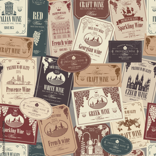 Vector seamless pattern on the theme of wine with various wine labels with images of grapes, landscapes, winery, castles, sailboats, fruits and other in retro style