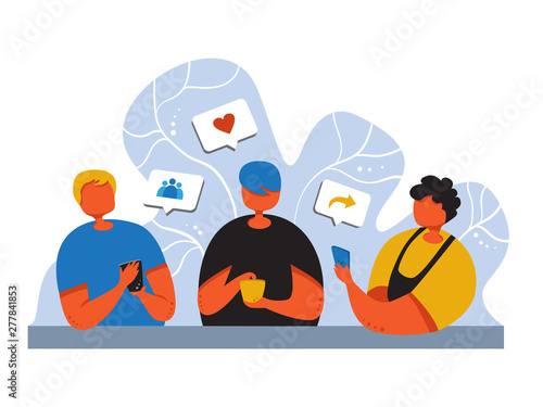 Concept of Social media marketing. Promotion method. young people with smartphone like comment, looking for friends, write and repost comments. Modern flat vector illustration