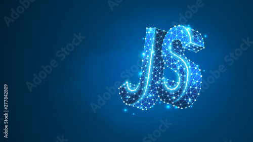 Java Script coding language text. Device, programming, developing concept. Abstract, digital, wireframe, low poly mesh, Raster blue neon 3d illustration. Triangle line dot star