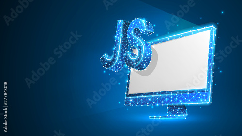 Java Script coding language sign on white computer monitor. Device, programming, developing concept. Abstract, digital, wireframe, low poly mesh, Raster blue neon 3d illustration. Line dot star
