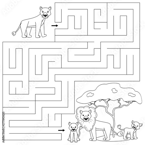 Coloring page for kids. Maze game. Help the lioness find right way to her family. Vector illustration characters.