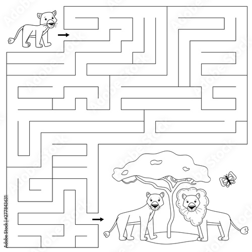 Coloring page for children. Educational maze game. Help the lion cub find right way to his family, mother and father. Vector cartoon characters.