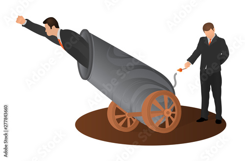 Man is setting on fire the cannon to fly out of it for making a first jerk of his business. Risky businessman preparing to fly shot from weapon cannon gun with the help of partner.