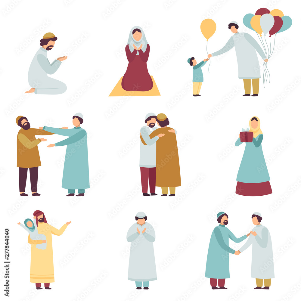 Muslim People in Traditional Clothing Celebrating Eid Al Adha Islamic Holiday Set, Men and Women Praying, Greeting Each Other, Giving Gifts Vector Illustration Muslim People in Traditional Clothing Celebrating Eid Al Adha Islamic Holiday Set, Men and Women Praying, Greeting Each Other, Giving Gifts Vector Illustration