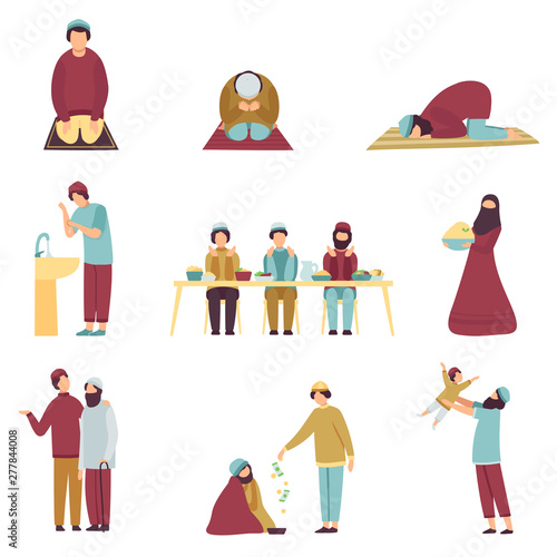 Muslim People in Traditional Clothing Celebrating Eid Al Adha Islamic Holiday Set, Men Praying, Eating, Greeting Each Other, Giving Money to Homeless Vector Illustration