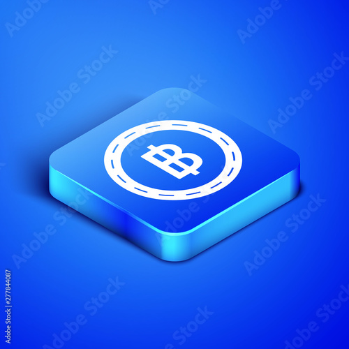 Isometric Cryptocurrency coin Bitcoin icon isolated on blue background. Blockchain technology, bitcoin, digital money market, cryptocoin wallet. Blue square button. Vector Illustration