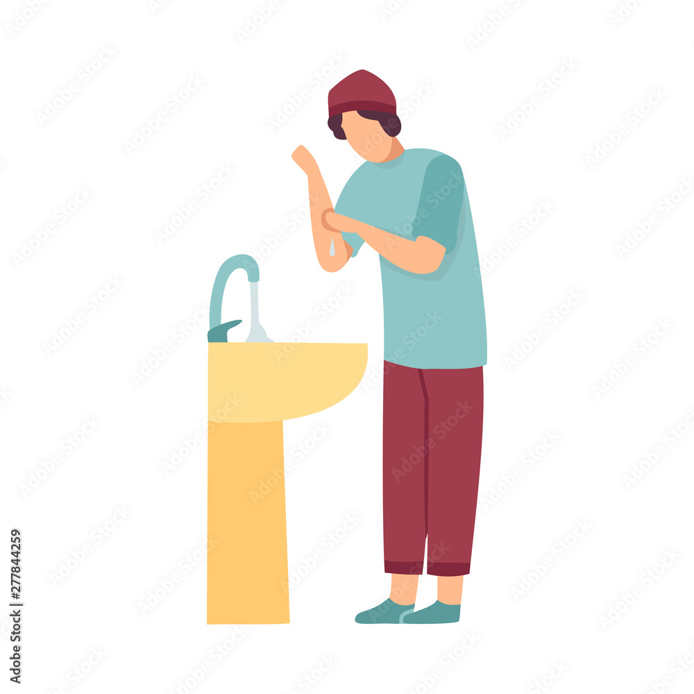 Muslim Man Washing Hands Preparing Wudhu For Prayer In Mosque Vector Illustration