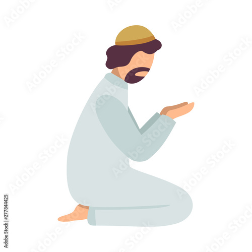 Muslim Man Praying on His Knees, Man Communicating with God, Eid Al Adha Islamic Holiday Vector Illustration