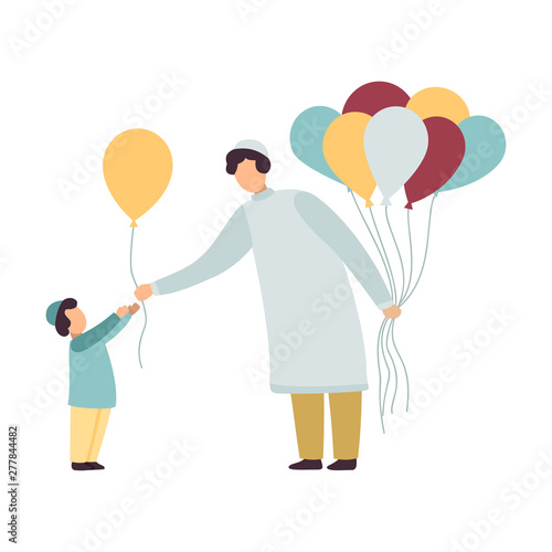 Muslim Father and His Son, Happy Arab Family in Traditional Clothes Vector Illustration on White Background.