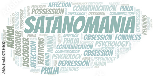 Satanomania word cloud. Type of mania, made with text only.