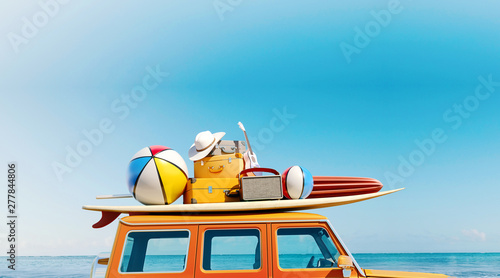 Big retro car SUV with baggage, luggage and beach equipment on the roof, fully packed, ready for summer vacation, concept of a road trip with family and friends, 3d rendering