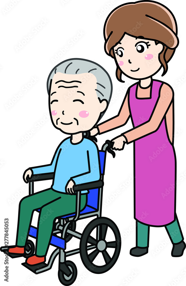 車いすの男性とヘルパーの女性 車いすの男性とヘルパーの女性