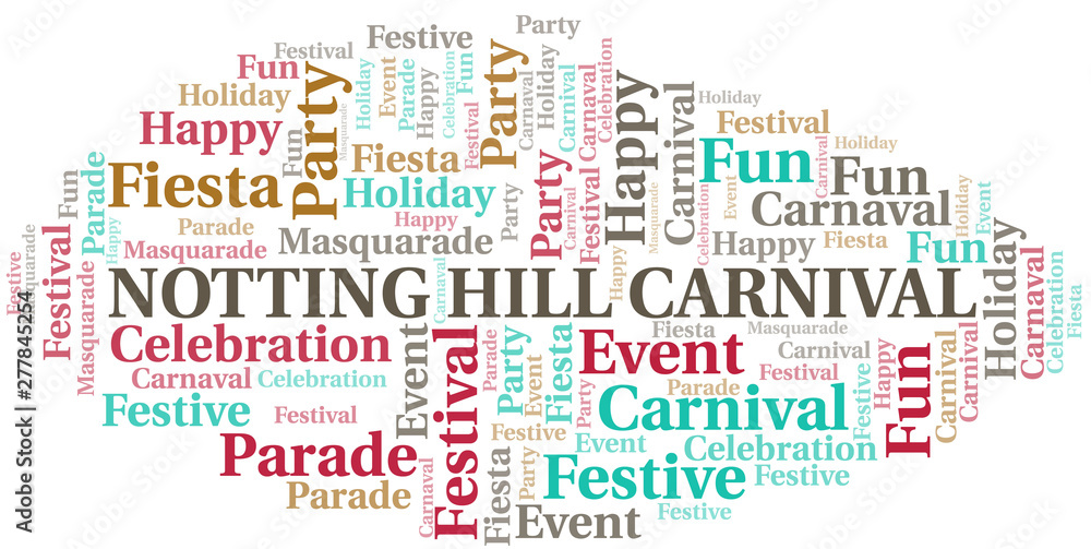 Notting Hill Carnival word cloud vector made with text only.