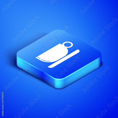 Isometric Coffee cup flat icon isolated on blue background. Tea cup. Hot drink coffee. Blue square button. Vector Illustration