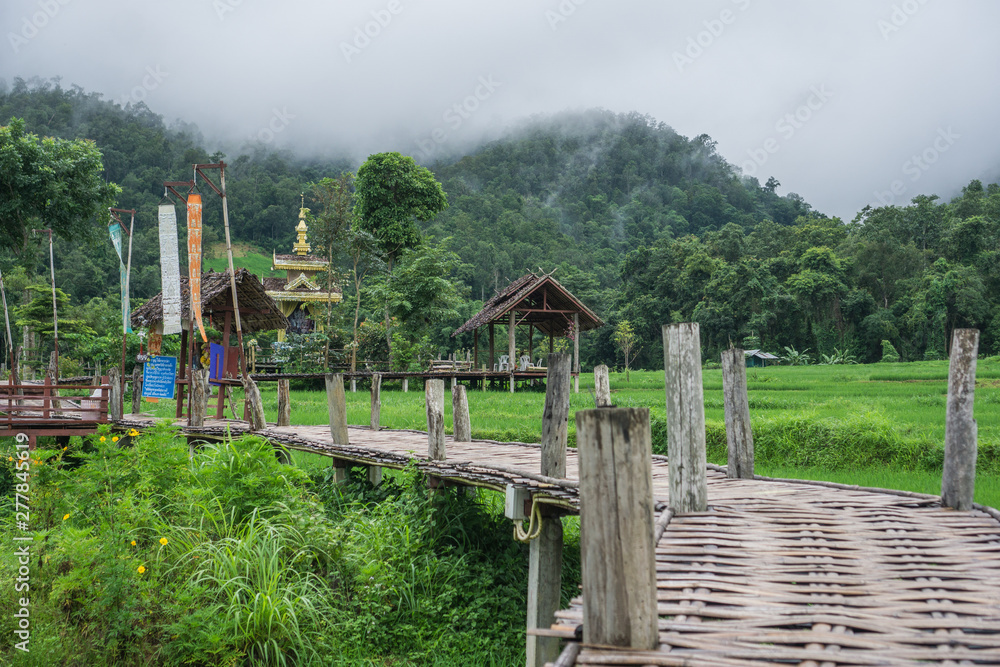 A Beautiful cloudy day around the Bamboo Bridge over the Rice Fields in Pai , North of Thailand. This magical place its a place that you must visit ! A Beautiful cloudy day around the Bamboo Bridge over the Rice Fields in Pai , North of Thailand. This magical place its a place that you must visit !