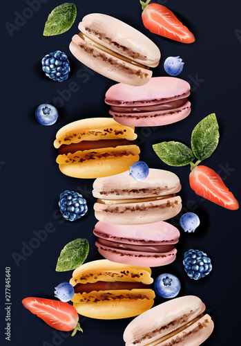 Macaroons Vector watercolor. Vintage pattern desserts with berry fruits. summ...