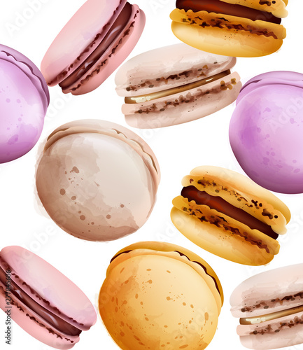 Macaroons Vector watercolor. Vintage pattern desserts with berry fruits. summ...