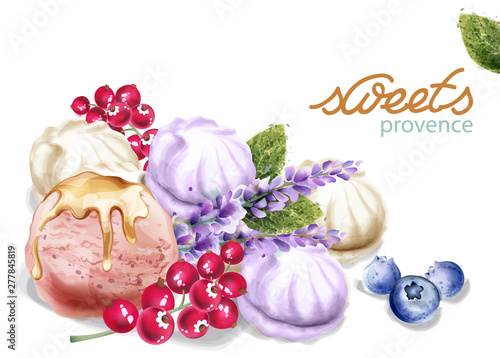 Ice cream and meringue Vector watercolor. Sweet delicious desserts illustrations