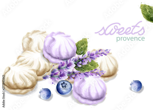 Meringue Vector watercolor. Lavender flavor dessert. Summer sweets delicious