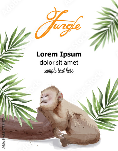 Sad monkey Vector watercolor. Tropic jungle cover pages