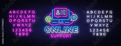 Online Support neon sign vector design template. Call Center neon logo, light banner design element colorful modern design trend, night bright advertising, bright sign. Vector. Editing text neon sign