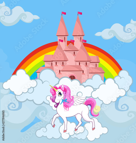 Dekoracja na wymiar  unicorn-at-sky-castle-bright-rainbow-background
