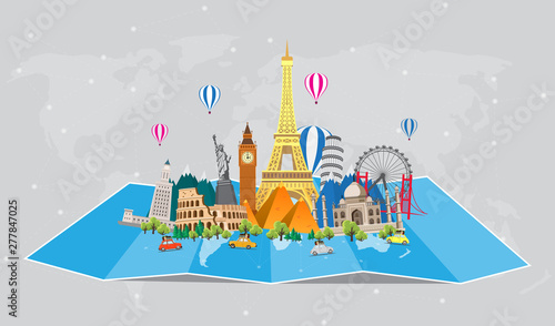 Travel to World. Road trip. Big set of famous landmarks of the world. Time to travel, tourism, summer holiday. Different types of journey. Flat design vector illustration