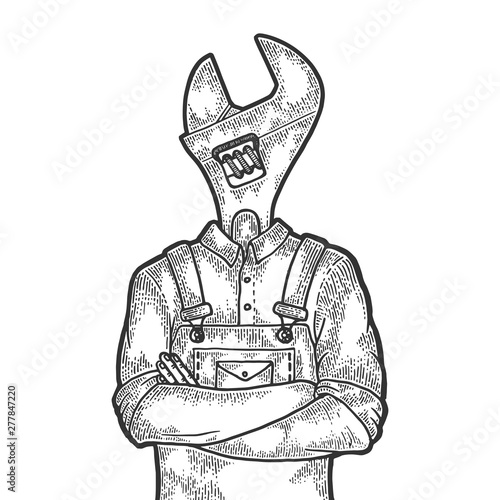 Adjustable wrench spanner head construction worker carpenter sketch engraving vector illustration. Scratch board style imitation. Black and white hand drawn image.