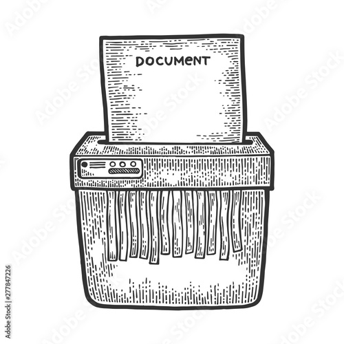 Office shredder cuts paper document sketch engraving vector illustration. Scratch board style imitation. Hand drawn image.