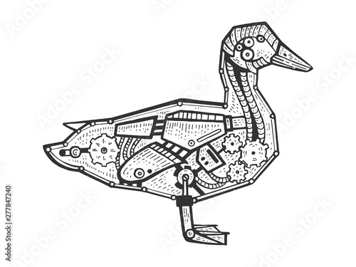Mechanical duck bird animal sketch engraving vector illustration. Scratch board style imitation. Black and white hand drawn image.