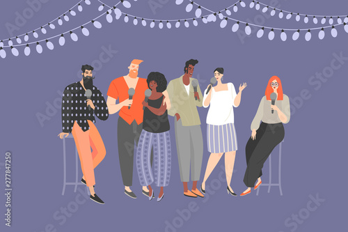 A group of young people with microphones singing a song at a karaoke party