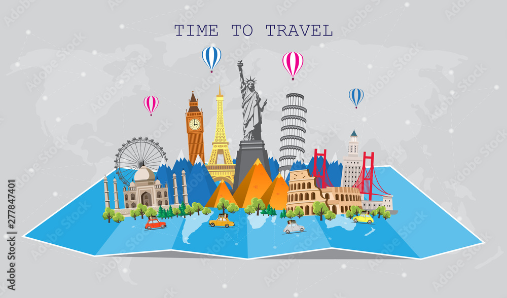 Travel to World. Road trip. Big set of famous landmarks of the world. Time to travel, tourism, summer holiday. Different types of journey. Flat design vector illustration
