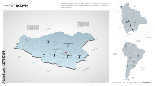 Vector set of Bolivia country.  Isometric 3d map, Bolivia map, South America map - with region, state names and city names.