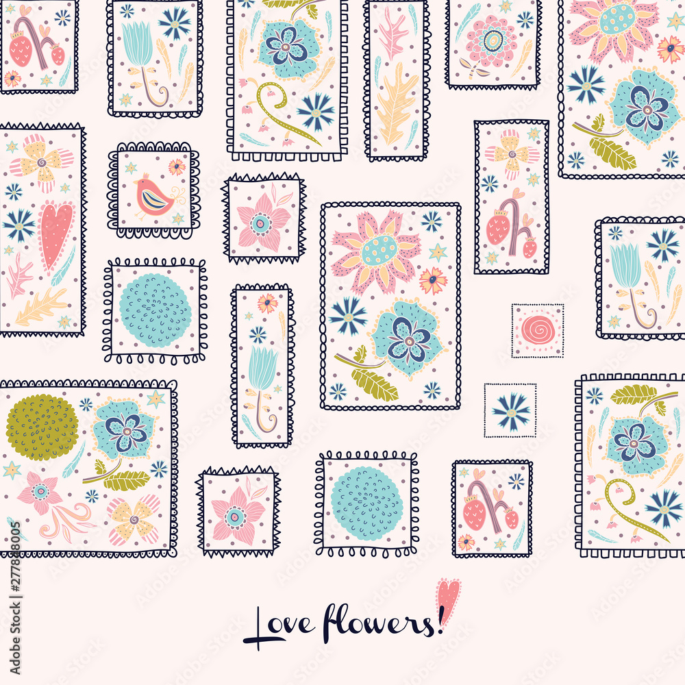 Lovely flowers in frames. Vector vintage card. Can be used in textile industry, paper, background, scrapbooking.