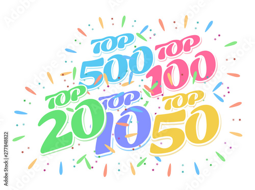 Colored Fireworks from inscriptions - tor 5, top 10, top 50,  top 100 and top 500 rating. Vector illustration in a flat style.